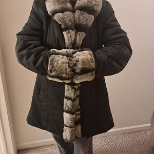 Women's Genuine Rex Rabbit Trim Coat Women's XL Black Gray Winter Cozy Luxury